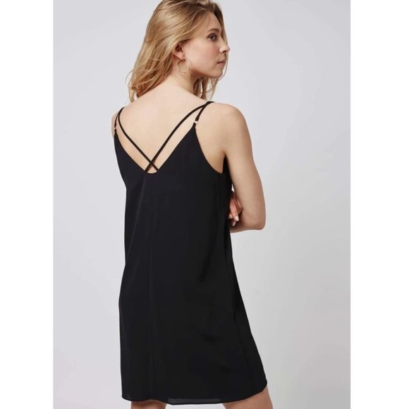 Topshop Black Criss-Cross Back Mini Slip Dress  Size 2 Strappy NWT Cocktail - Picture 1 of 11